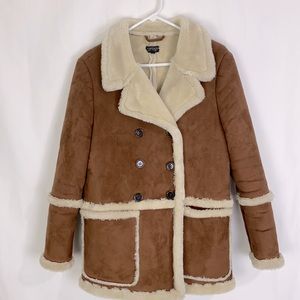 Topshop Faux Shearling/ Leather Jacket Coat in brown size 6